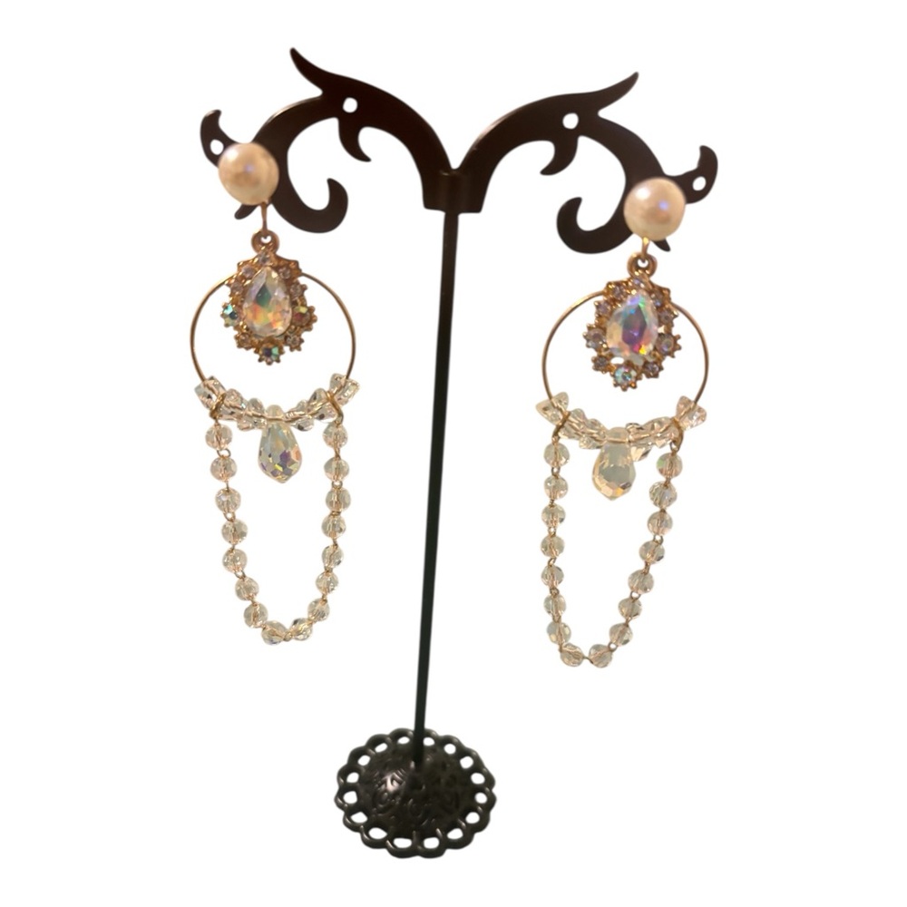 Gold Drop Crystal Chandelier Earrings with Iridescent Pearl and rhinestones